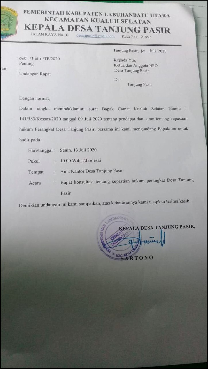 Contoh Surat Undangan Rapat Badan Permusyawaratan Desa