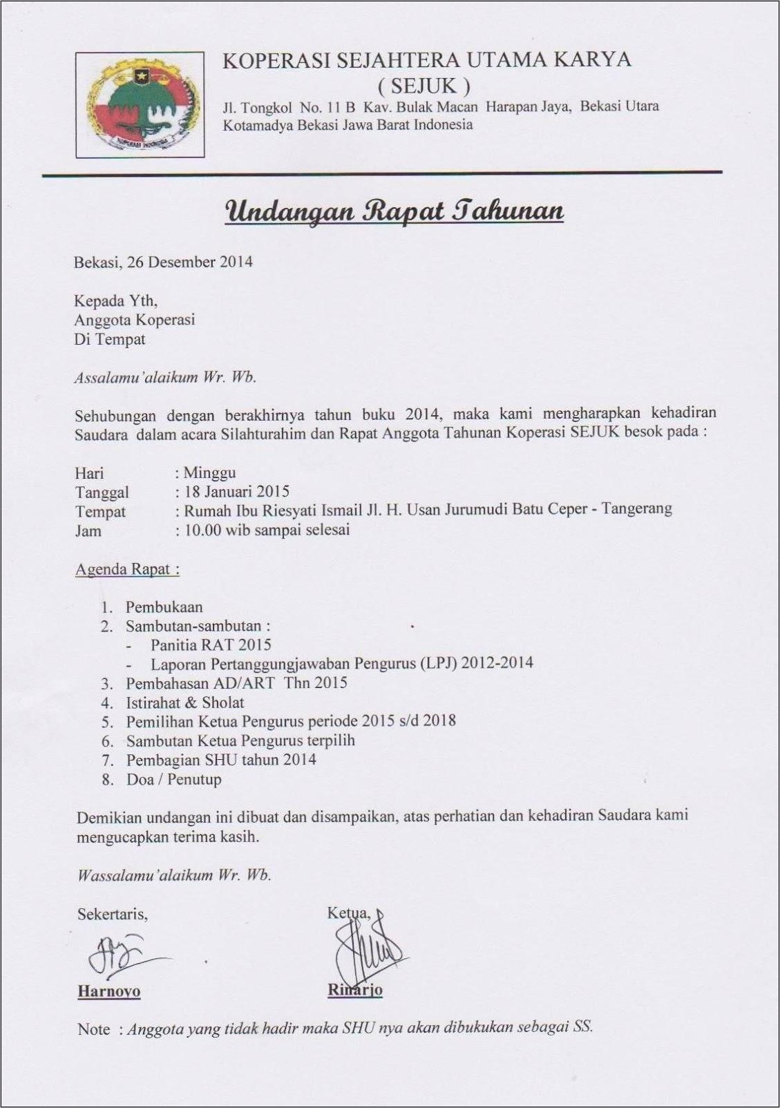 Contoh Surat Undangan Rapat Bulanan