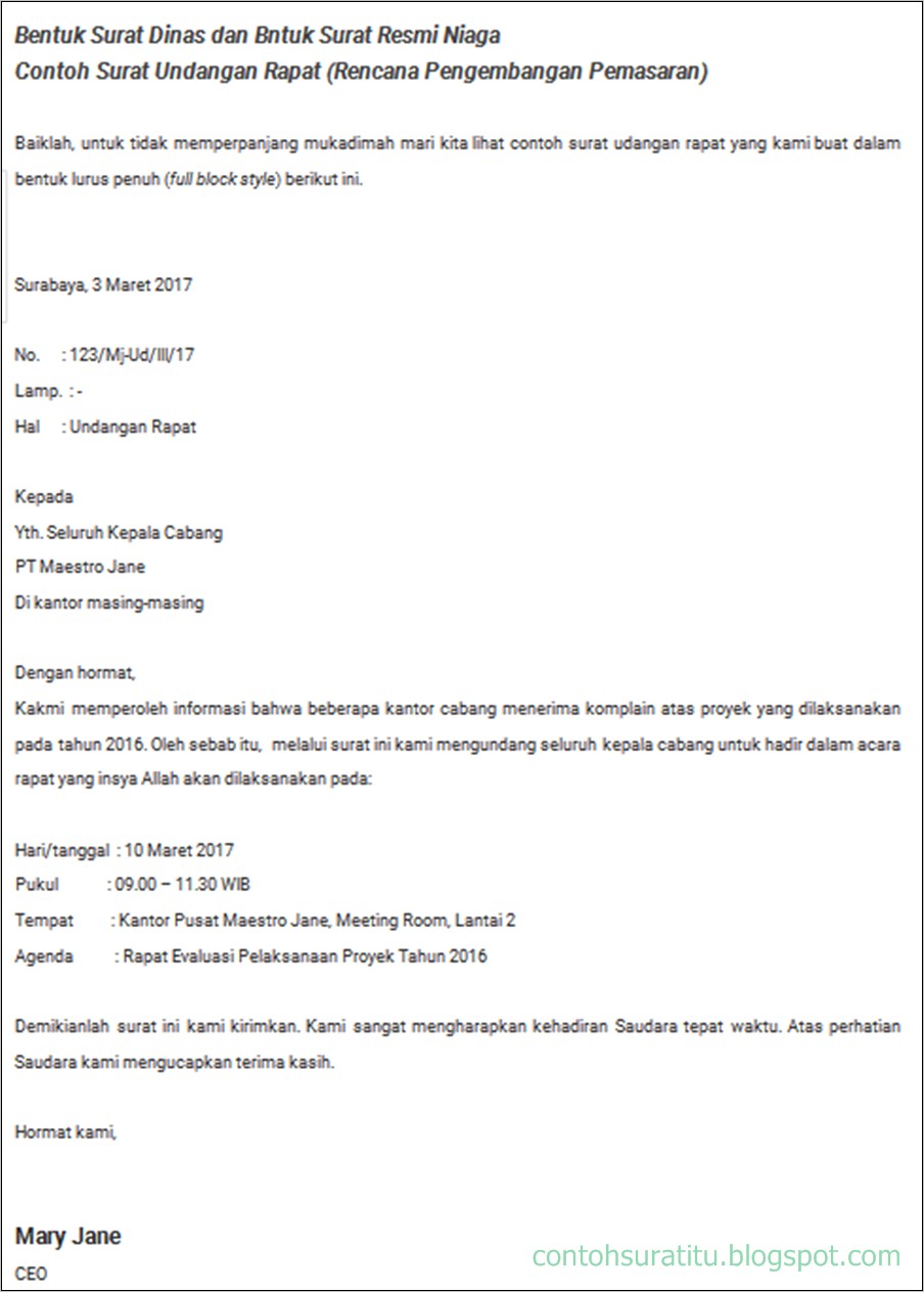 Contoh Surat Undangan Rapat Evaluasi Pemasaran