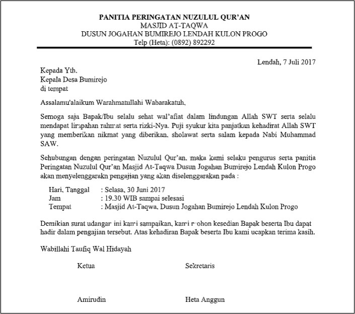 Contoh Surat Undangan Rapat Masjid