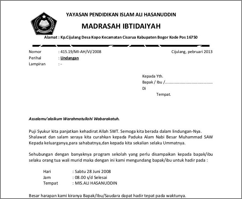 Contoh Surat Undangan Rapat Perusahaan Semi Block Style