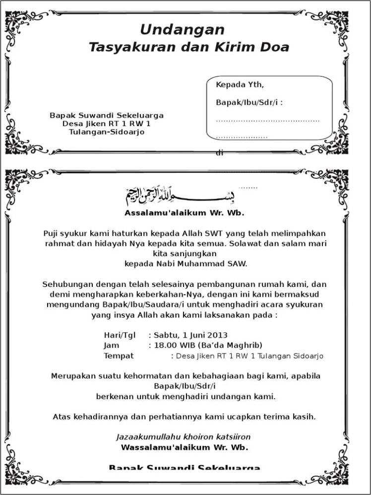 Contoh Surat Undangan Syukuran Rumah