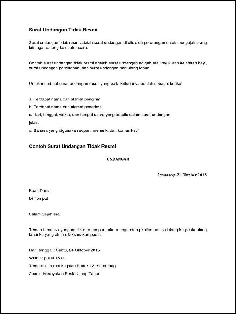 Contoh Surat Undangan Tidak Resmi Bahasa Inggris