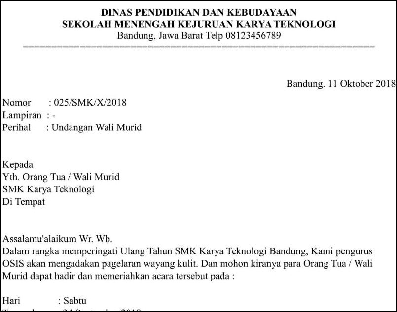 Contoh Surat Undangan Ulang Tahun Sekolah