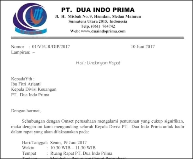 Contoh Surat Undangan Untuk Rapat