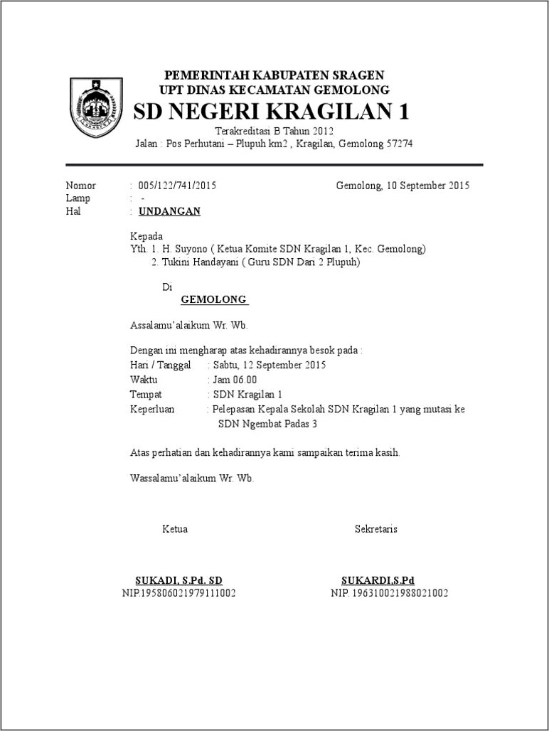 Contoh Surat Undangan Utk Kepala Sekolah