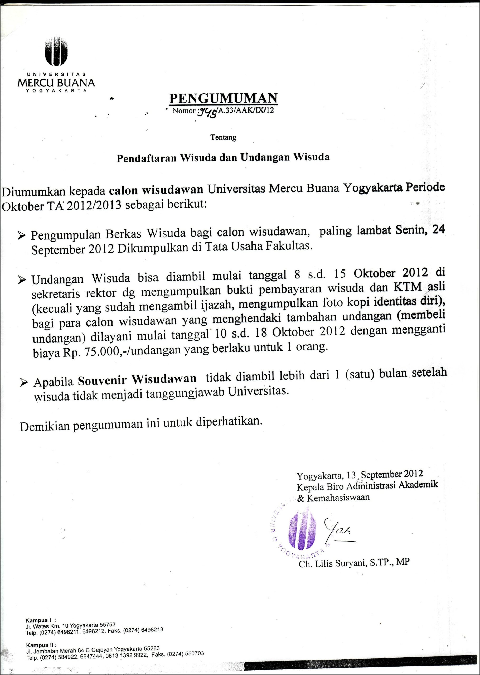 Contoh Surat Undangan Wisuda Universitas Yogyakarta