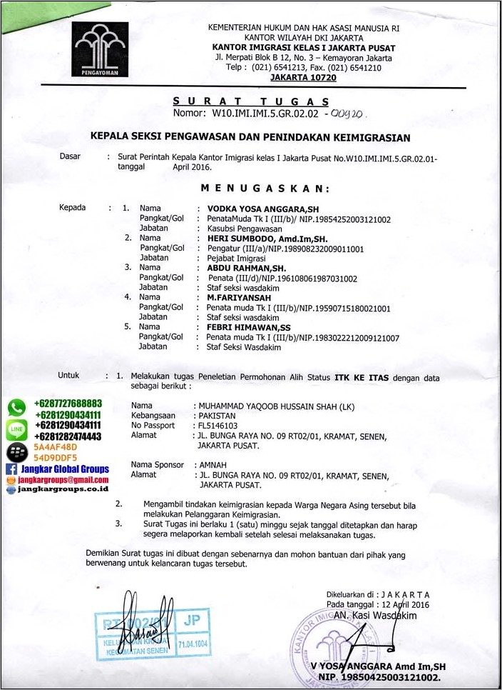 Contoh Surat Untuk Pengurusan Imigrasi Dari Perusahaan