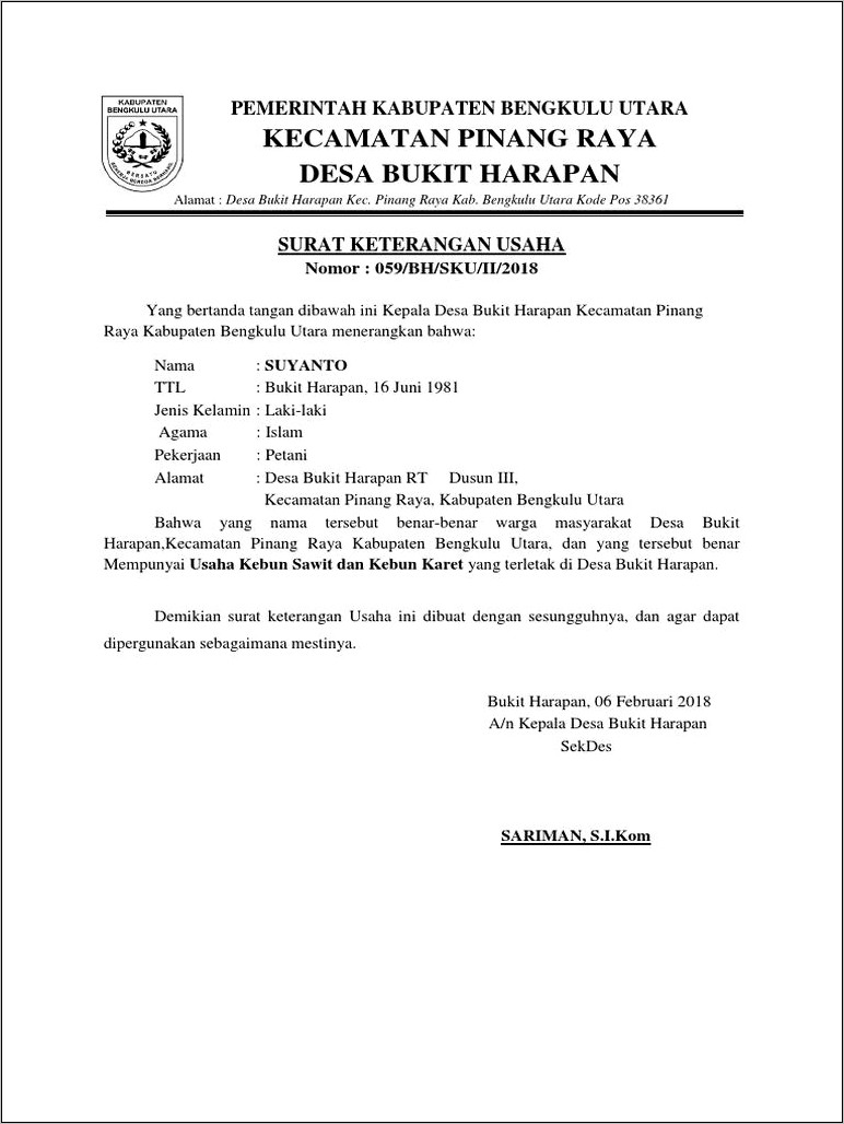 Contoh Surat Usaha Pertanian