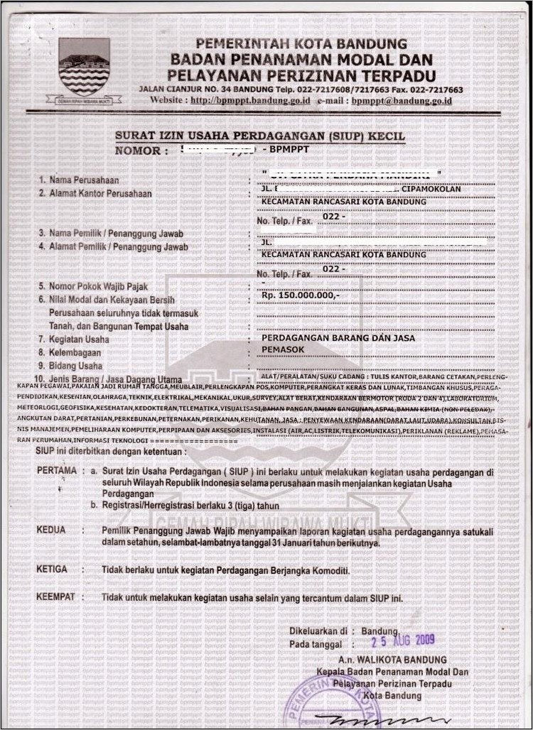 Contoh Tdp Surat Izin Usaha Perdagangan Kota Bandung