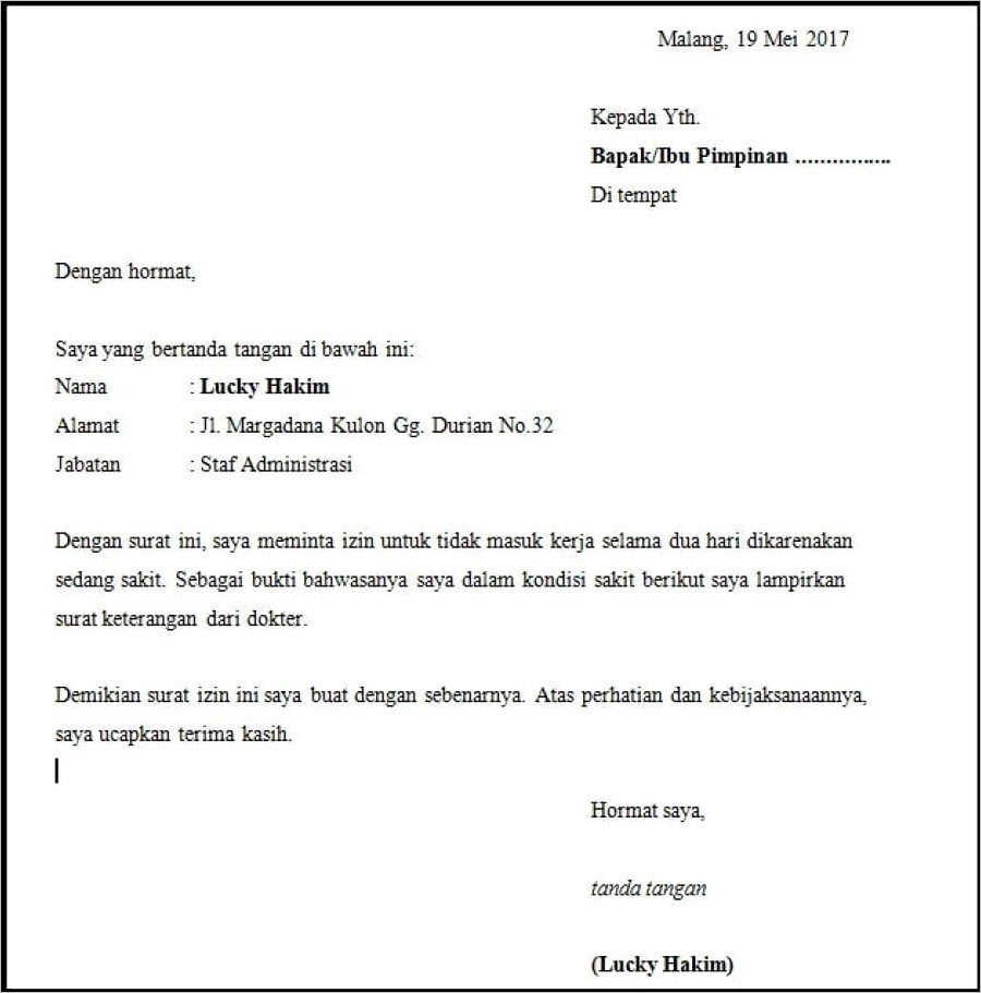 Contoh Tukis Surat Izin Ke Sekolah