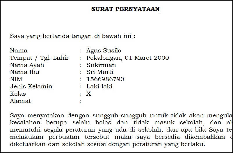 Gambar Contoh Surat Pernyataan Siswa