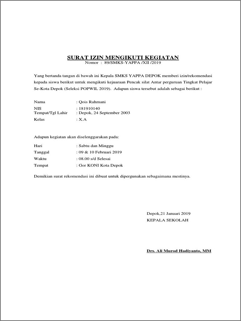 Surat Contoh Izin Tentang Lomba