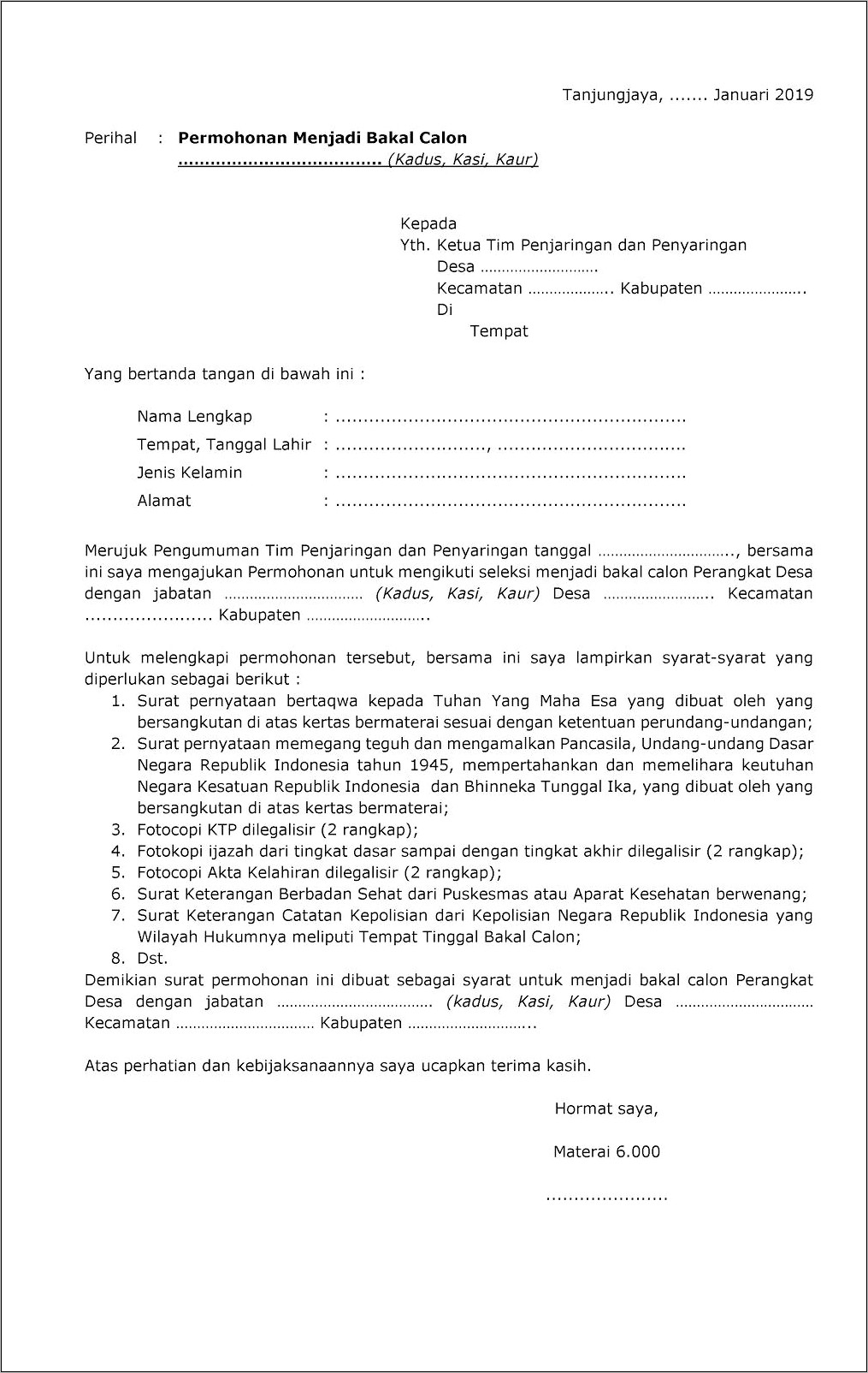 Surat Permohonan Contoh Formulir Pendaftaran Perangkat Desa