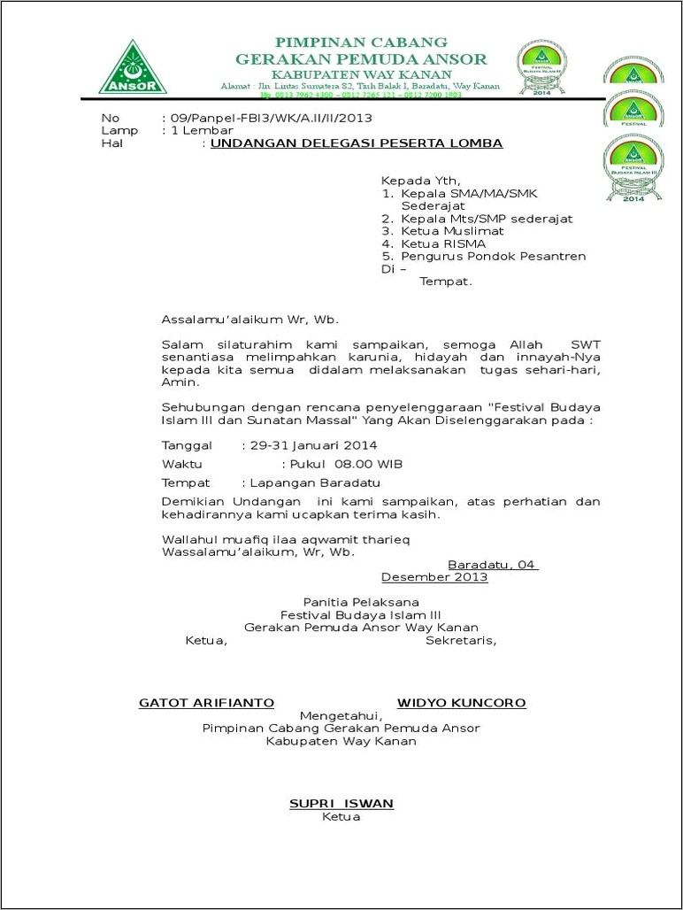 Surat Undangan Lomba Pesantren Contoh